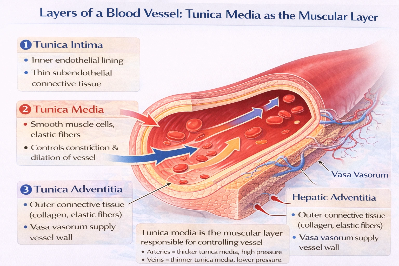 The muscular layer of a blood vessel is called the